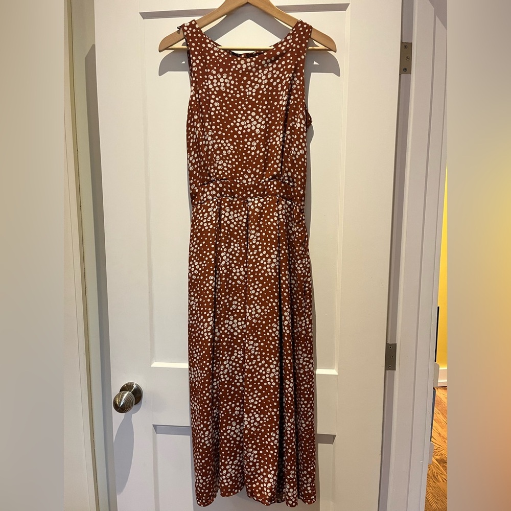 Vintage "Pretty Woman" Rayon Polkadot Brown Button Back Midi Maxi Dress S